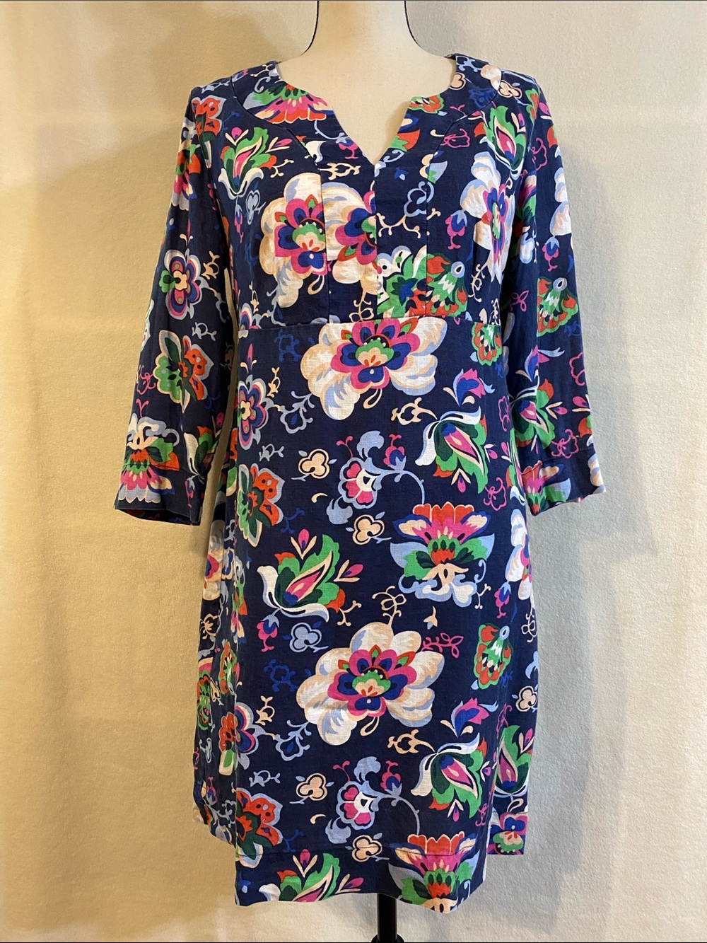 Boden 100% linen blue floral 3/4 sleeve tunic shift dress